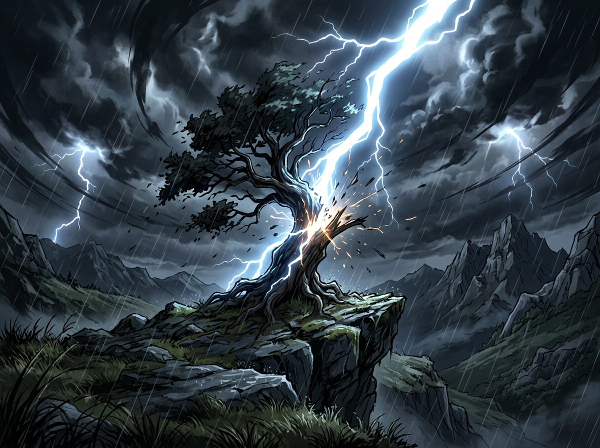 A lightning strike breaking a tree on a cliff during a stormy night