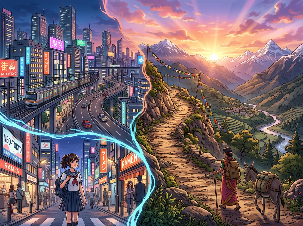 Futuristic city street with neon signs and a girl in school uniform contrasted with a mountain trail and a woman walking with a donkey at sunset