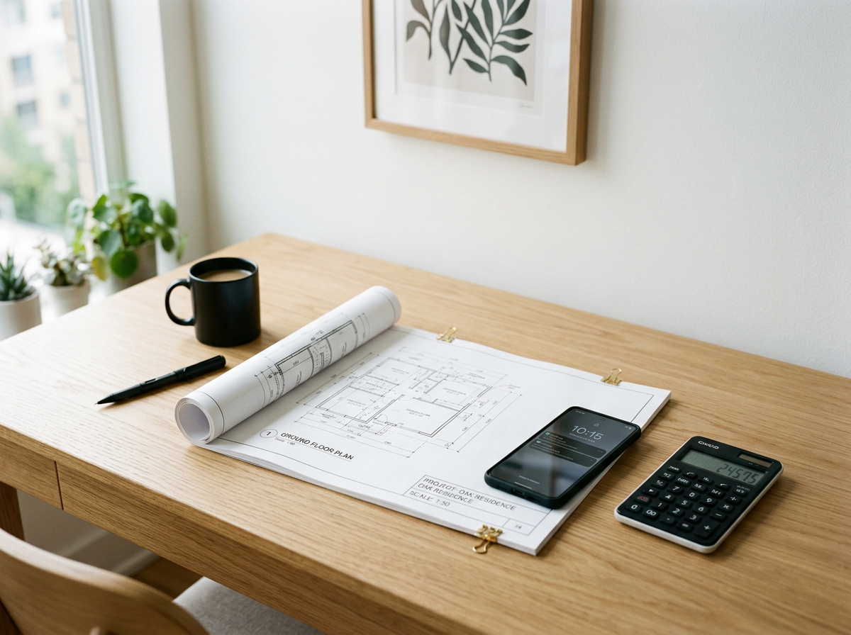 Desk with architectural blueprint, smartphone, calculator, pen, and black coffee mug