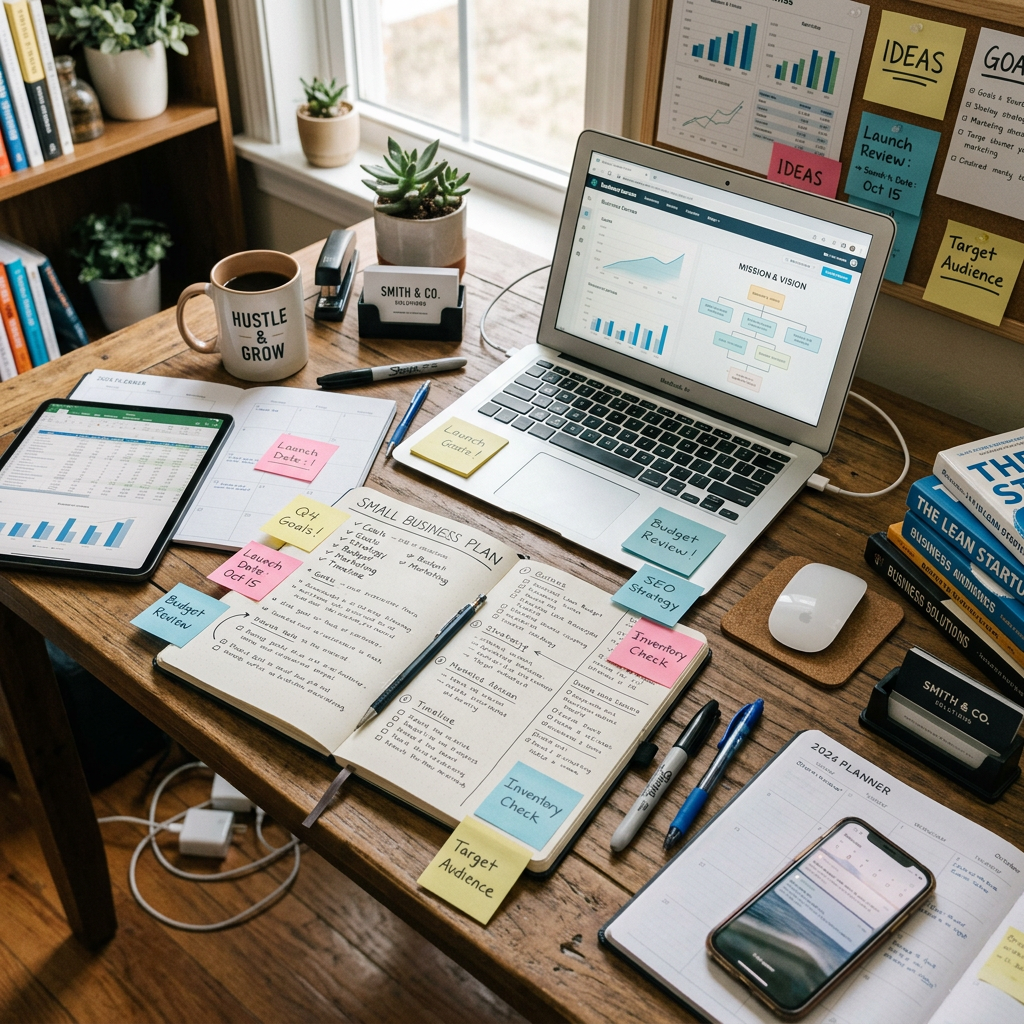 Desk with laptop showing business charts, planner notebook, tablet with graphs, smartphone, sticky notes, and pens